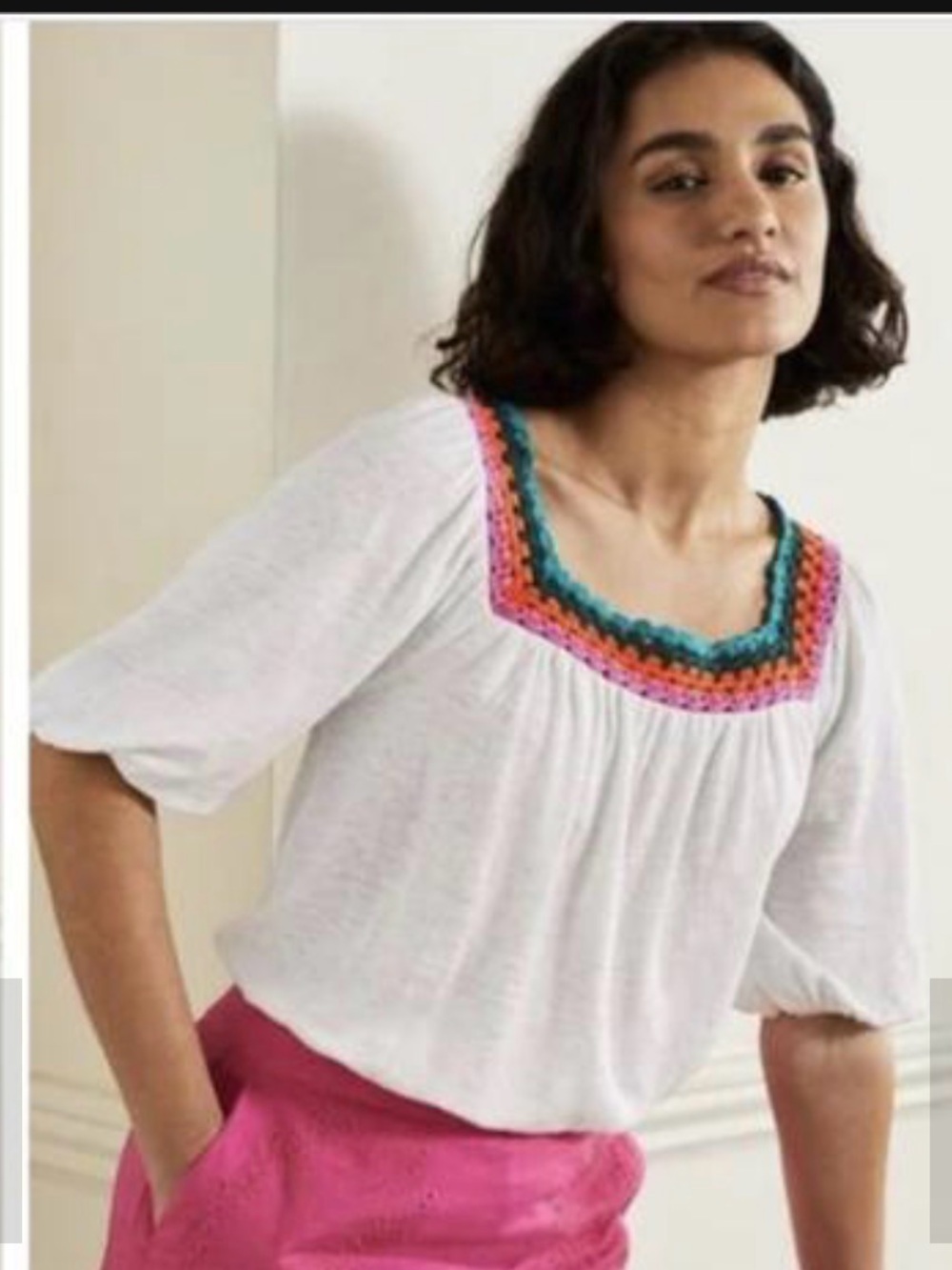 Boden White Square-Neck Top with Pink and Teal Crochet Trim